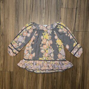 FEVER Floral Print Peasant Blouse 3/4 Sleeve Ruffle Hem Gray Pink Yellow M
